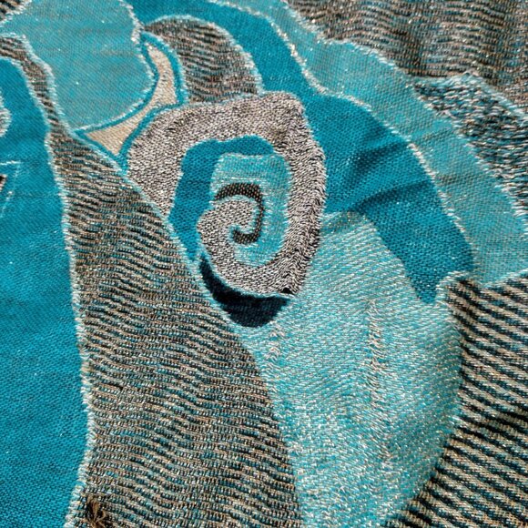 Cashmere Scarf Woven Turquoise Blue Black Metallic Gold Design Fringe Artsy Wrap - Picture 14 of 16